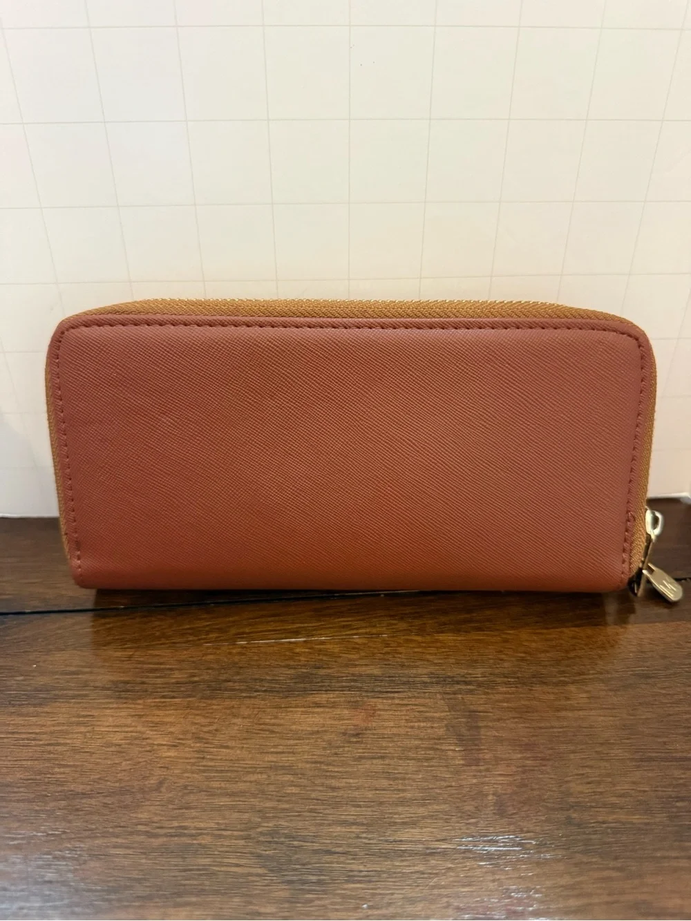 Michael Kors Saffiano Zip Wallet in Cognac Brown with Gold Hardware